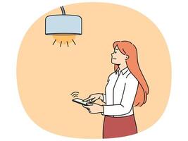 Woman controls lamp through mobile phone with iot or smart home application to turn on light vector