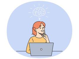 Smiling girl is doing brainstorming sitting near laptop and thinking about best solution to problem vector