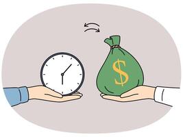 Hand with money and clock as metaphor for exchanging financial resources for time and delegation vector