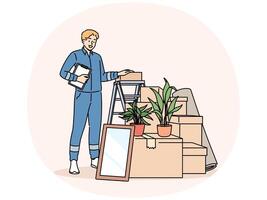 Man mover stands near pile of cardboard boxes advertising services of company that helps with moving vector