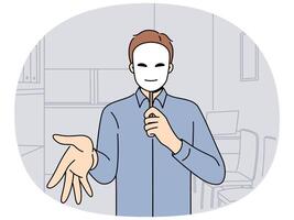Man manager in mask extends palm for handshake, for concept deception and hypocrisy in business vector