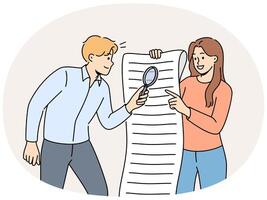 Man and woman are studying business document using magnifying glass to look for hidden information vector