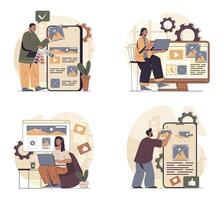 Content manager concept scenes set in flat web design. People in situations of creating photos, images, videos and text contents for webpage filling, planning online posting. illustrations. vector
