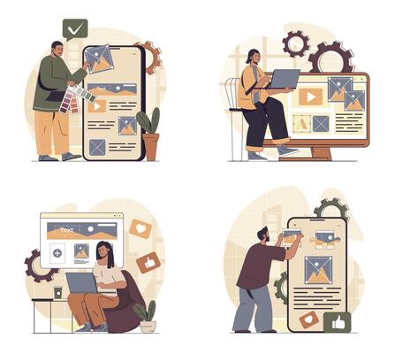 Content manager concept scenes set in flat web design. People in situations of creating photos, images, videos and text contents for webpage filling, planning online posting. illustrations.