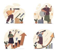 Searching for opportunities concept scenes set in flat web design. People in situations of looking career solutions, creating success strategy, achieving job goals and vision. illustrations. vector