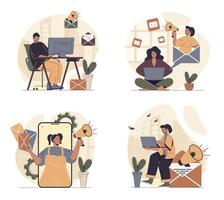 Email marketing concept scenes set in flat web design. People in situations of doing online advertising with digital letters, sending promo information to customers mailboxes. illustrations. vector
