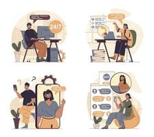 Customer service concept scenes set in flat web design. People in situations of consulting online and solving problems, answering clients calls and messages, chatting online. illustrations. vector
