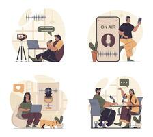 Podcast streaming concept scenes set in flat web design. People in situations of broadcasting and recording talks in studio, creating audio in headphones, followers listening. illustrations. vector