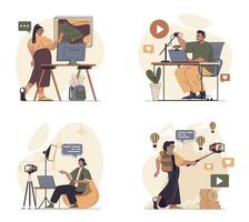blogging concept scenes set in flat web design. People in situations of recording new videos in art or travel blogs, making live translation, communicating with followers. illustrations. vector