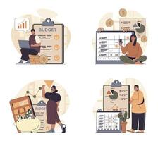 Planning financial budget concept scenes set in flat web design. People in situations of controlling personal finance and expense, making money analysis, creating cash strategy. illustrations. vector