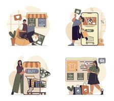 Mobile commerce concept scenes set in flat web design. People in situations of making online shopping and purchases at sales, ordering new products, secure paying online in apps. illustrations. vector