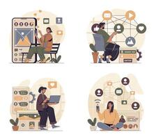 Social network concept scenes set in flat web design. People in situations of online connect with internet friends, taking selfies, posting online, collect likes, sharing links. illustrations. vector