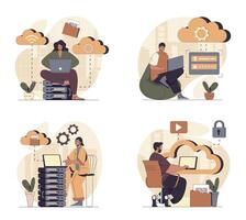 Cloud computing concept scenes set in flat web design. People in situations of using cloud technology, making data backup, working with database system and online server storage. illustrations. vector