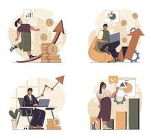 Business growth concept scenes set in flat web design. People in situations of developing project and getting arrow up graph, making data analysis with financial rise statistic. illustrations. vector