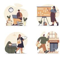 Education concept scenes set in flat web design. People in situations of studying at school lessons, reading textbooks, doing homework at laptop, teenages learning in class. illustrations. vector