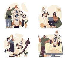 Business startup concept scenes set in flat web design. People in situations of launching new project, working at project, brainstorming, planning process, attracting investment. illustrations. vector