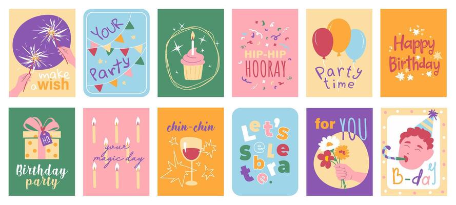 Birthday party cover typography template for posters, prints. Minimalistic banners set with fireworks, cupcake, balloons, gift, bouquet, champagne cheers, anniversary celebration. illustration.