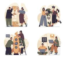 Teamwork concept scenes set in flat web design. People in situations of business winning award, developing project, solving problems, launching startup, generating idea together. illustrations. vector