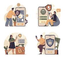 Secure payment concept scenes set in flat web design. People in situations of making internet shopping with protect shield service, ordering with online paying for saving money. illustrations. vector
