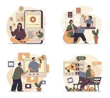 marketing concept scenes set in flat web design. People in situations of creating viral content, making online advertising and data analysis, attracting new followers. illustrations. vector