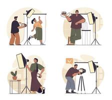 Photo studio concept scenes set in flat web design. People in situations of getting photography shot, posing for portraits, photographer working at shooting under spotlights. illustrations. vector