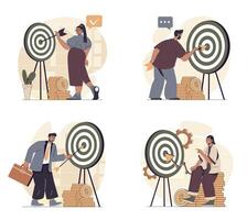 Business target concept scenes set in flat web design. People in situations of hitting bullseye and achieving goals, planning strategy and company mission, doing job progress. illustrations. vector