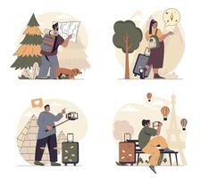 Travelling concept scenes set in flat web design. People in situations of hiking in forest and mountains, go in vacation in France or Egypt, rest, sightseeing and taking photos. illustrations. vector