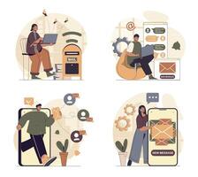 Email service concept scenes set in flat web design. People in situations of sending emails at phone or laptop apps, reading online letters and messages, receiving notifications. illustrations. vector