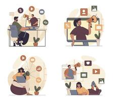 Digital marketing concept scenes set in flat web design. People in situations of doing advertising, attracting new clients with megaphones, making online promotion with emails. illustrations. vector