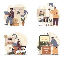 Online payment concept scenes set in flat web design. People in situations of getting digital bills and invoice, making financial transactions, paying by purchase in mobile apps. illustrations. vector