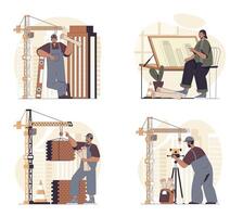 Construction engineer concept scenes set in flat web design. People in situations of making house construct and brickwork, creating architect blueprint, working at building site. illustrations. vector
