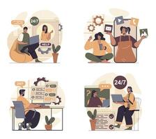Virtual assistant concept scenes set in flat web design. People in situations of using online operator help and chatting, talking and getting advice, connecting by laptop or app. illustrations. vector