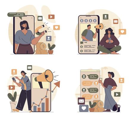Social media marketing concept scenes set in flat web design. People in situations of making online advertising with influencers, attract targeting audience, sharing promo info. illustrations.