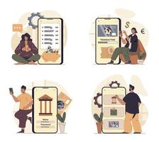 Mobile banking concept scenes set in flat web design. People in situations of managing credit cards and financial accounts, making transactions, sending money in application. illustrations. vector