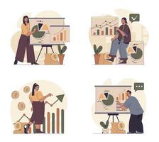 Sales performance concept scenes set in flat web design. People in situations of making finance analysis, getting financial progress at graphs and profit rise at arrow at charts. illustrations. vector