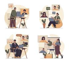 business conference concept scenes set in flat web design. People in situations of working remotely at global project, connecting online for getting breafing and tasks. illustrations. vector