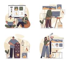 Designer studio concept scenes set in flat web design. People in situations of working in agency, creating graphic elements, drawing images, selecting colours for site layout. illustrations. vector