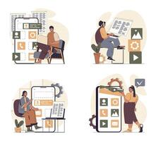 App development concept scenes set in flat web design. People in situations of programming mobile phone layouts, building app buttons and elements, testing products and optimize. illustrations. vector