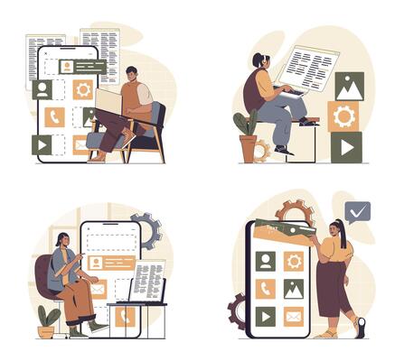 App development concept scenes set in flat web design. People in situations of programming mobile phone layouts, building app buttons and elements, testing products and optimize. illustrations.