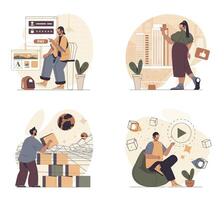 Cyberspace concept scenes set in flat web design. People in situations of in VR headsets interacting with virtual reality, paying shopping, working, playing game with simulation. illustrations. vector