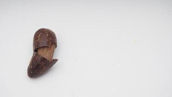 Opened Nutmeg Spice with Broken Skin on White Background photo