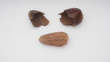 Nutmeg Seed with Its Broken Skin on White Background photo