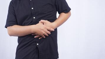 Close Up of Man Having Stomach Pain on White Background photo