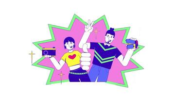 Y2k graphy and graphy enthusiasts in retro vibes 2D animation. Vintage camera girl, old camcorder man animated characters cartoon flat concept metaphor 4K isolated on white video