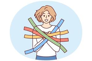 Positive girl smiles happily glued to wall with multi-colored adhesive tapes and is hostage vector