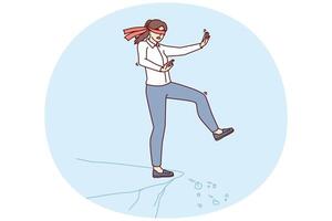 Blindfolded girl steps forward dont know about cliff and danger to fall for risk business concept vector
