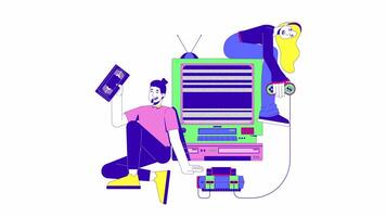 Retro gaming and VHS era nostalgia 2D animation. Controller gamer girl. Movie cassette man. Y2K friends old TV animated characters cartoon flat concept metaphor 4K isolated on white video