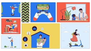 Digital lifestyle and modern technology animated bento grid layout. Gaming, smart home, electric scooter, drone flying 2D animation flat cartoon ui collage design. 4K motion graphic collection video
