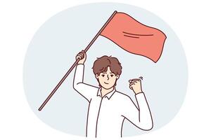 Man with red flag in hand makes victory gesture showing leadership qualities and motivating people vector