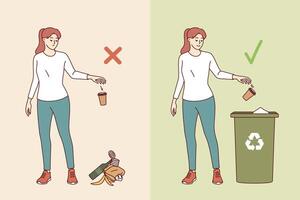 Woman throwing garbage on ground or in trash can demonstrates right and wrong behavior vector
